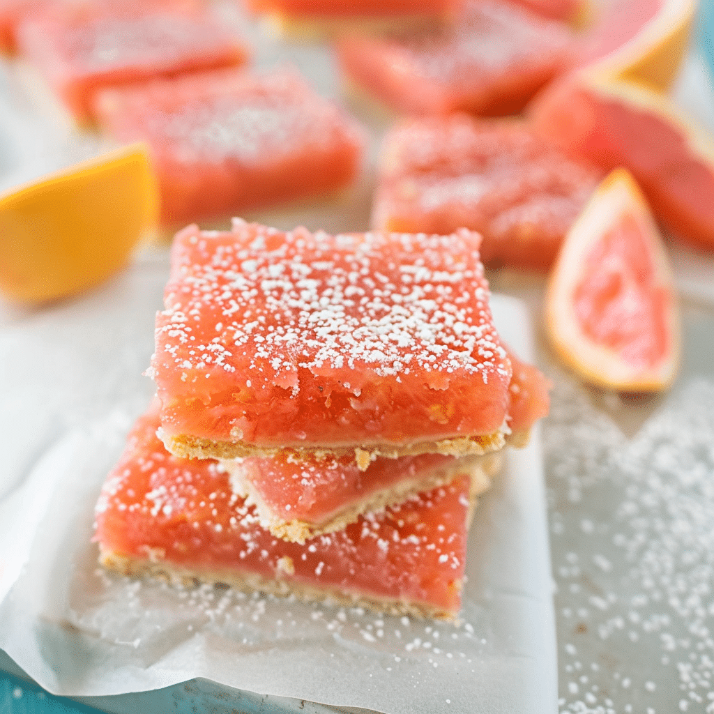 Pink Grapefruit Bars with powdered sugar and citrus garnish