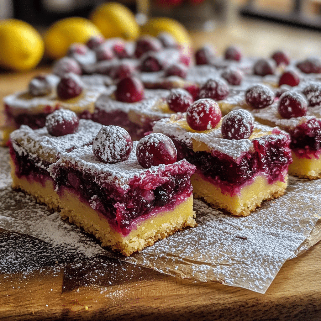 vegan cranberry lemon bars on wooden board with powdered sugar