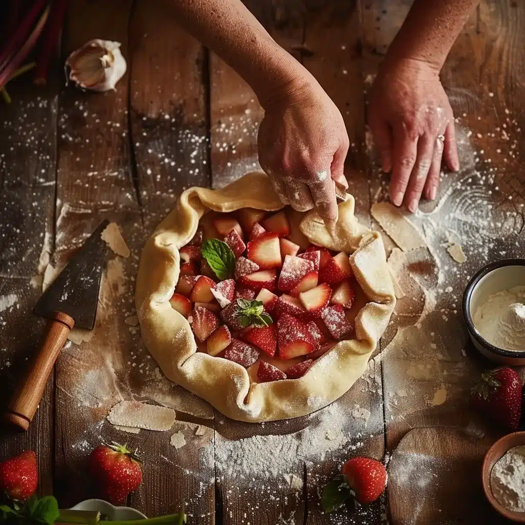 Folding galette dough around strawberry rhubarb filling