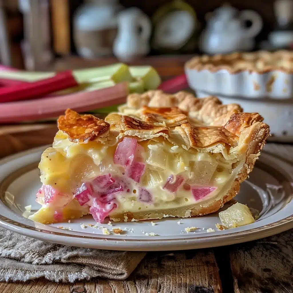 Slice of homemade rhubarb custard pie with flaky crust and creamy custard filling