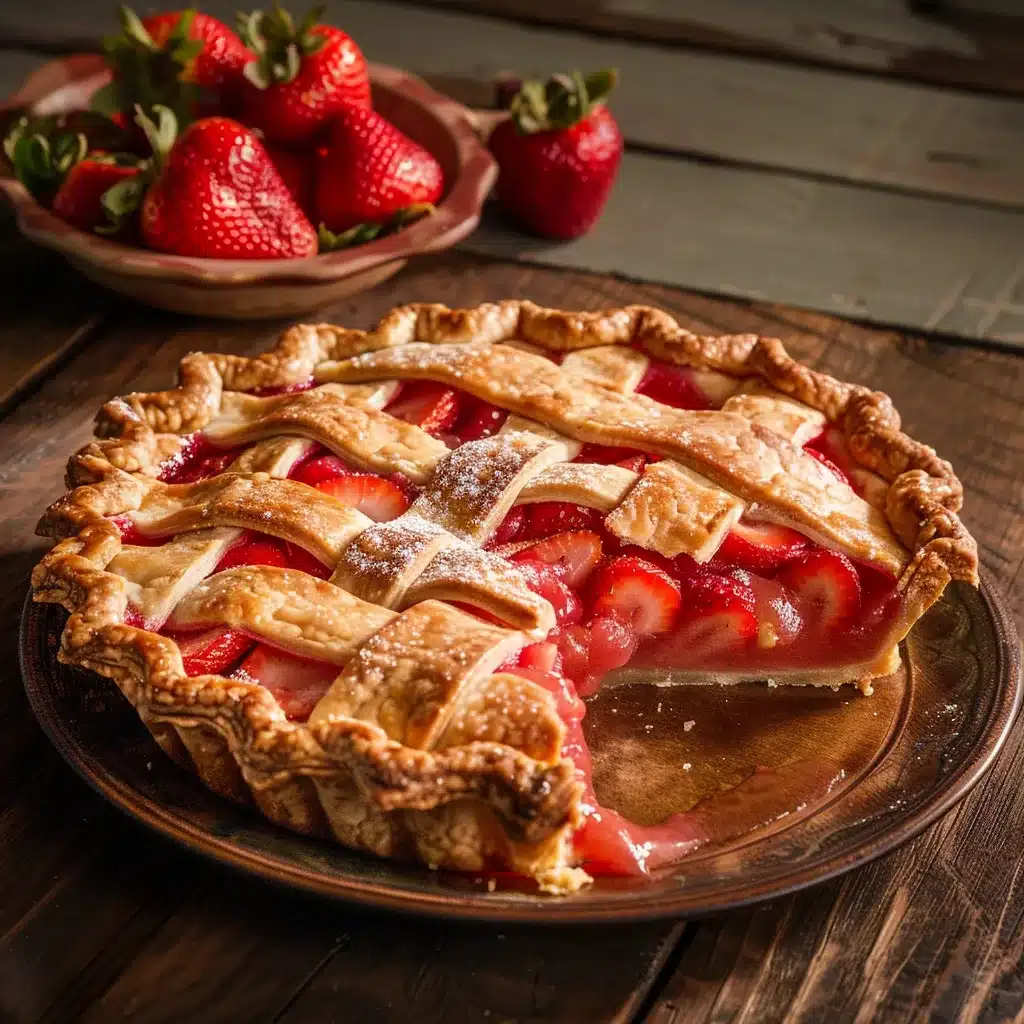Slice of homemade strawberry rhubarb pie with lattice crust and juicy filling