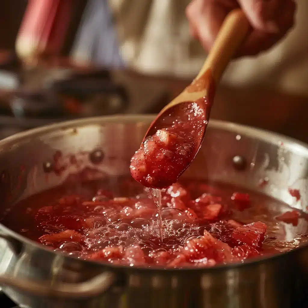 Cooking strawberry rhubarb jam in saucepan