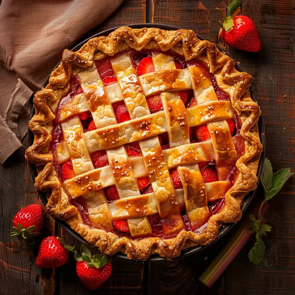 Old-fashioned strawberry rhubarb pie with golden lattice crust