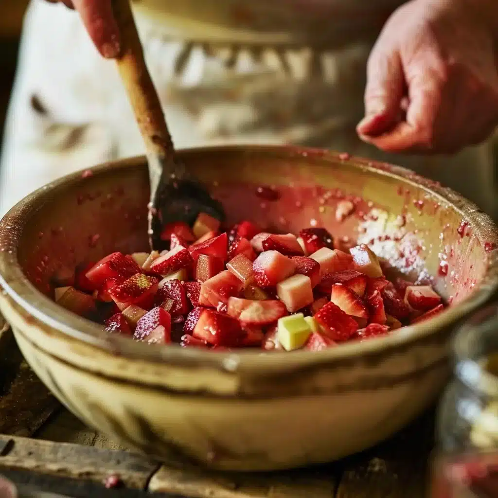 Mixing strawberries and rhubarb for dessert bars filling