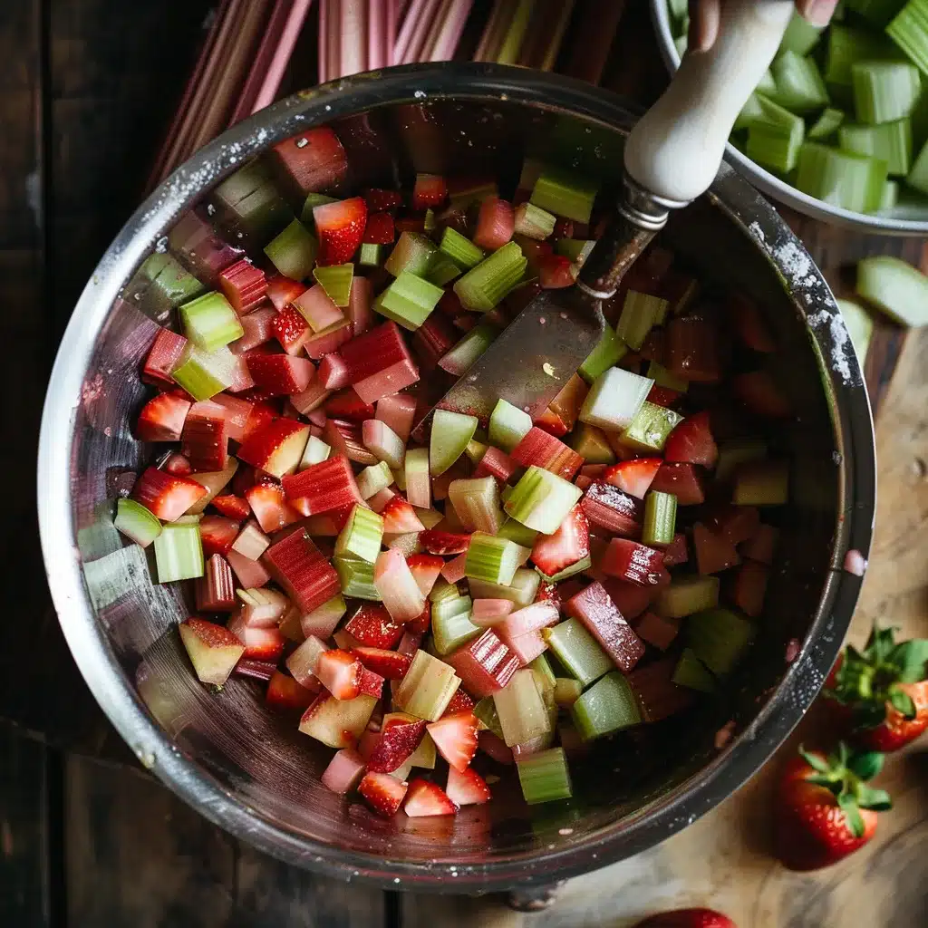 Strawberry Rhubarb Pie with Crumb Topping Strawberry Rhubarb Pie with Crumb Topping Mixing strawberries and rhubarb in bowl for pie filling