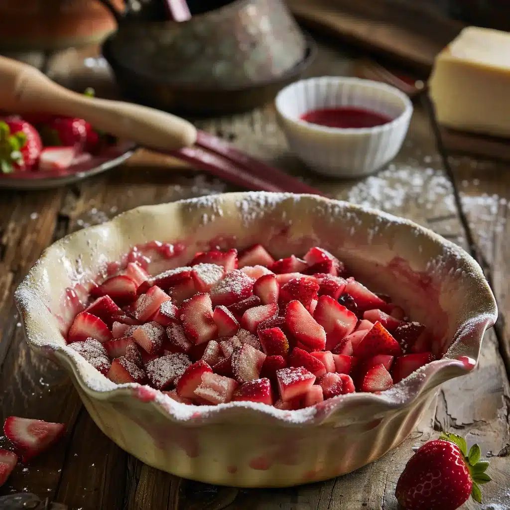 Mixing strawberries and rhubarb in bowl for pie filling