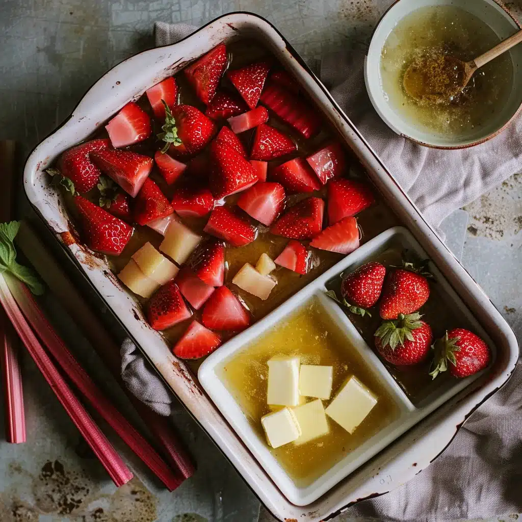Easy Strawberry Rhubarb Upside Down Cake Strawberry Rhubarb Upside Down Cake Arranging strawberries and rhubarb in cake pan