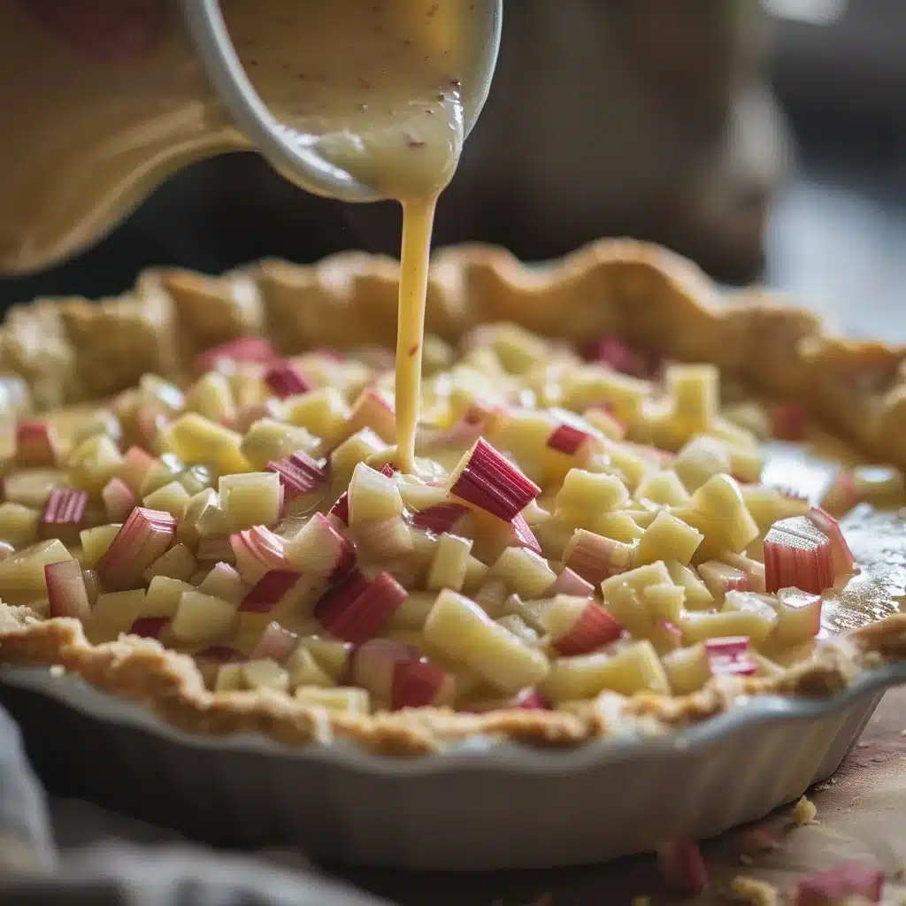 Rhubarb pieces in pie crust with custard filling ready for baking