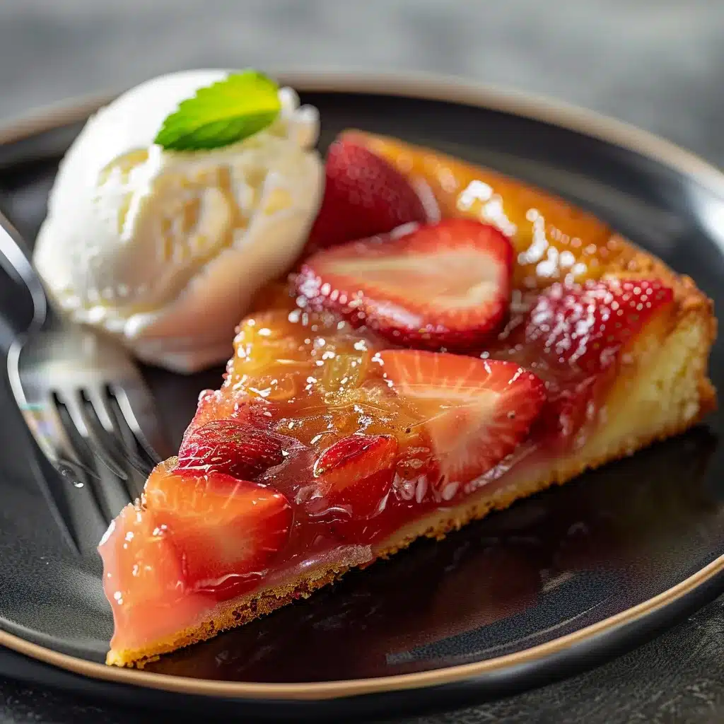 Easy Strawberry Rhubarb Upside Down Cake Strawberry Rhubarb Upside Down Cake Slice of strawberry rhubarb upside down cake with ice cream