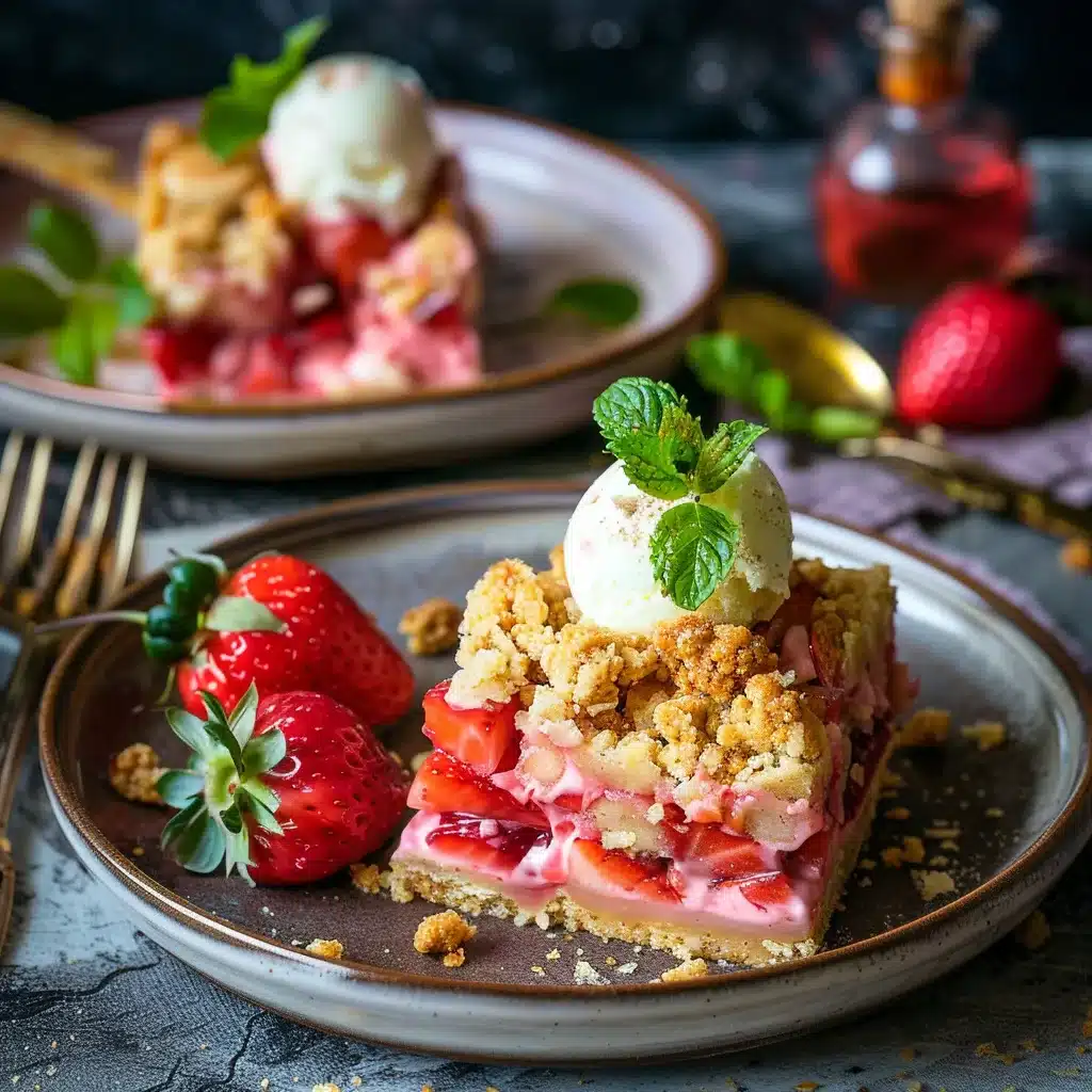 Strawberry rhubarb bars served with vanilla ice cream
