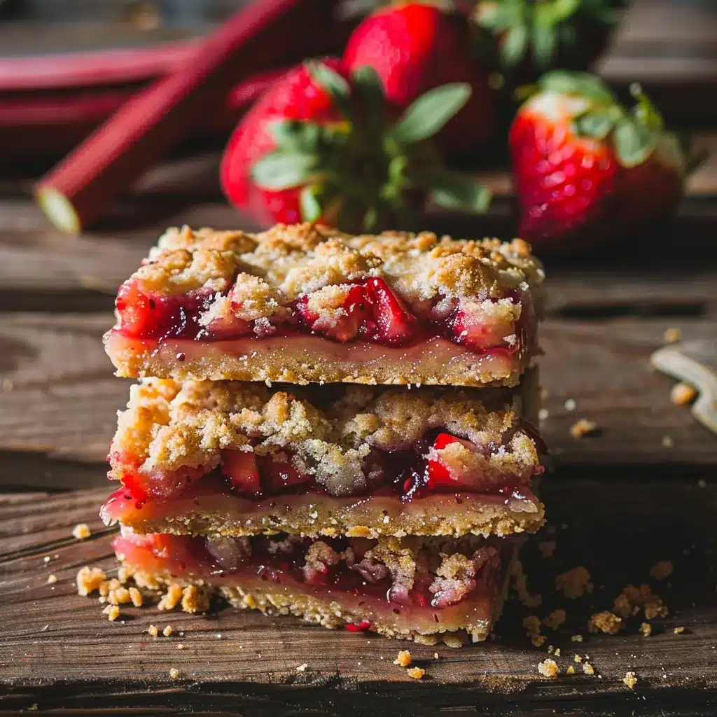 Strawberry rhubarb bars with crumb topping cut into squares