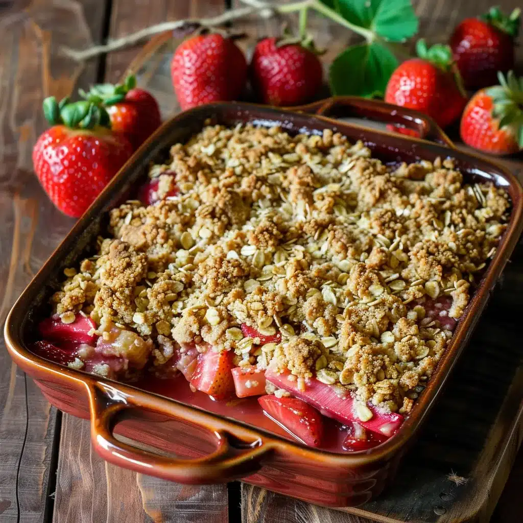 Warm strawberry rhubarb crisp with golden oat crumble topping