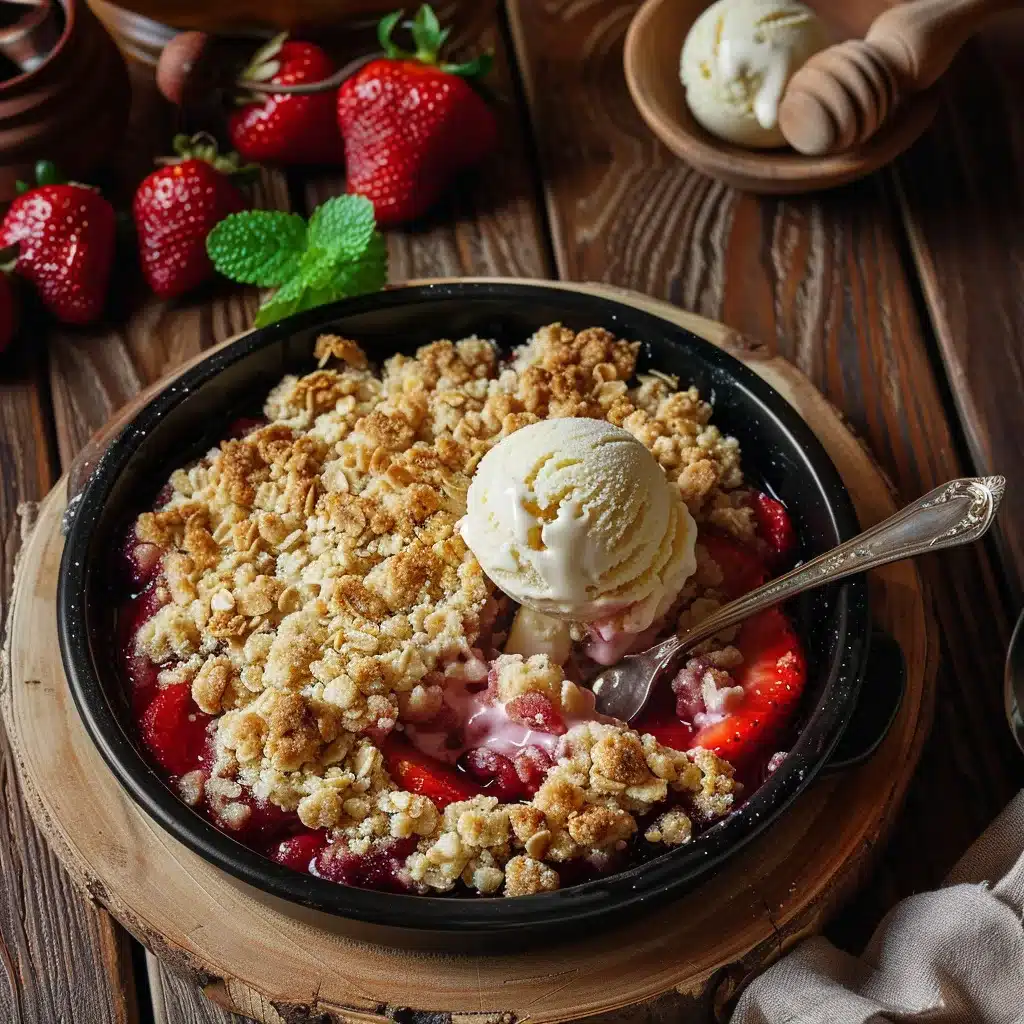 Strawberry Rhubarb Crumble Strawberry Rhubarb Crumble Warm strawberry rhubarb crumble served with vanilla ice cream