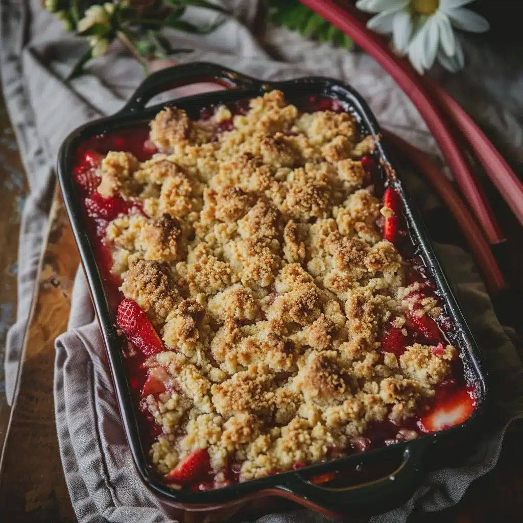 Homemade strawberry rhubarb crumble with golden buttery streusel topping