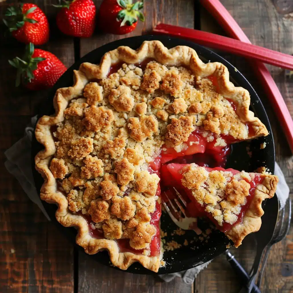 Slice of strawberry rhubarb pie with crumb topping and juicy filling