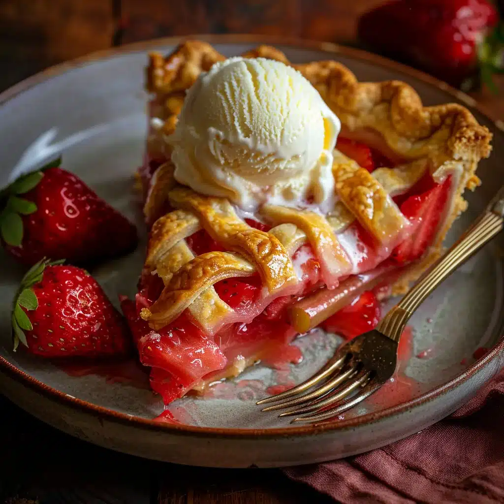 Slice of strawberry rhubarb pie served with vanilla ice cream