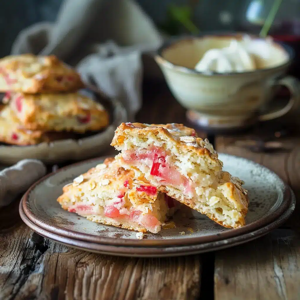 Fresh strawberry rhubarb scones with golden flaky texture