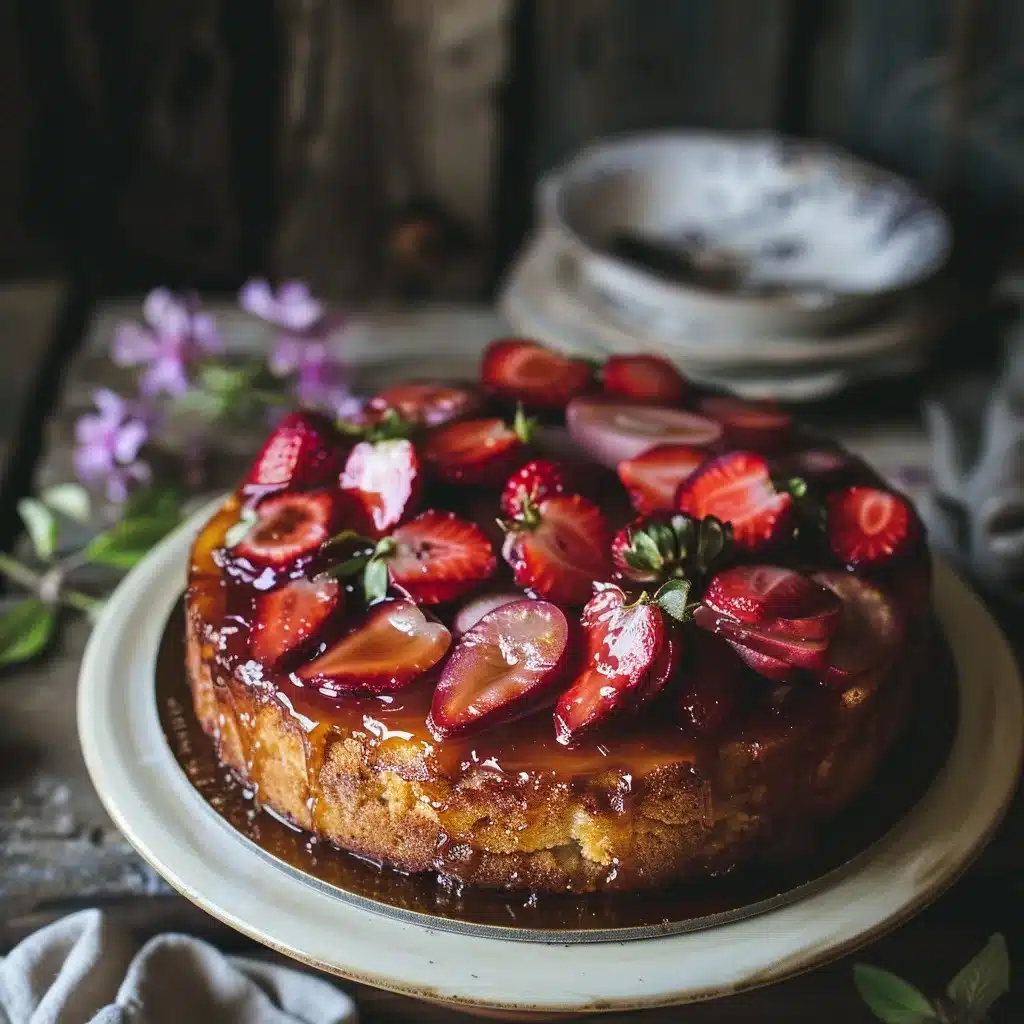 Strawberry rhubarb upside down cake with glossy fruit topping
