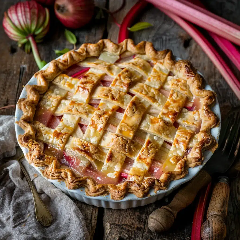 Homemade rhubarb custard pie with golden crust cooling on kitchen counter