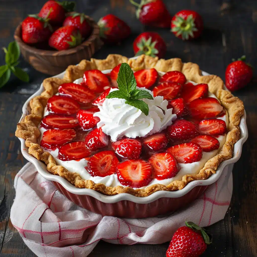 fresh strawberry pie with glossy glaze and whipped cream